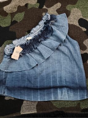 7 For All Mankind Light Blue Ruffled Chambray A-Line Top